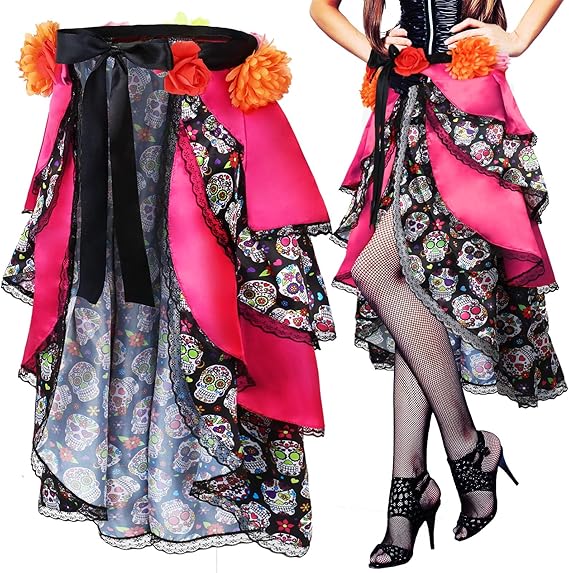 Women Day of The Dead Costume Accessories Halloween Tie on Bustle Skirt Day of The Dead Skull Dress for Women