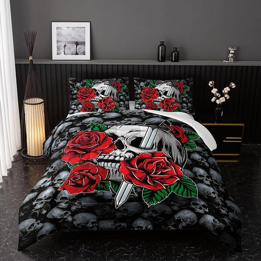 Skull Comforter Red Floral Bedding Set，Comforter Set Twin Size, Gothic Skull Print Down Comforter Vintage Flower Rose Comforter Set with Pillowcase, for Bedroom Bed Decor