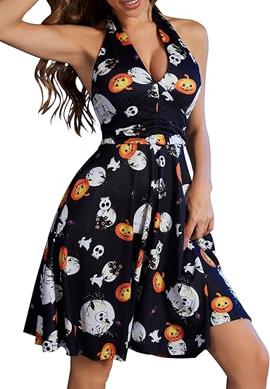 Women's Festival Dress- Halter V Neck Sleeveless Ruffle Mini Dresses with Pocket