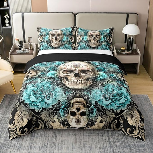 Erosebridal Skull & Teal Rose 100% Cotton Duvet Cover Queen - Gothic Floral Bedding Set, Goth Skeleton Vintage Flower Bed Set for Women Men, Black Halloween Quilt Cover with 2 Pillowcases