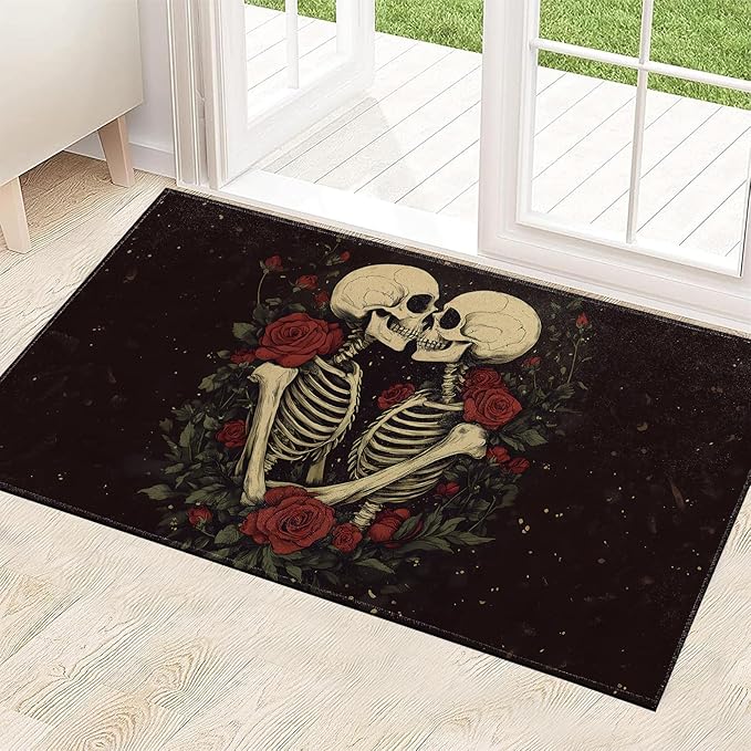 Skull Rose Indoor Door Mat 29.5x17in,Non Slip Backing Gothic Romance Skeleton Floor Mats,Non Woven Entryway Rug,Goth Welcome Rugs Decor,for Porch Bedroom Kitchen,Practical Doormats Gifts