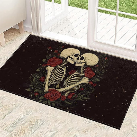 Skull Rose Indoor Door Mat 29.5x17in,Non Slip Backing Gothic Romance Skeleton Floor Mats,Non Woven Entryway Rug,Goth Welcome Rugs Decor,for Porch Bedroom Kitchen,Practical Doormats Gifts