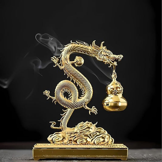 Golden Chinese Dragon Incense Holder– Dual-Use Metal Feng Shui Decor with Hanging Gourd Cone Incense Burner & Hidden Stick Holder – Spiritual Aromatherapy Gift for Meditation, Home & Office Decoration