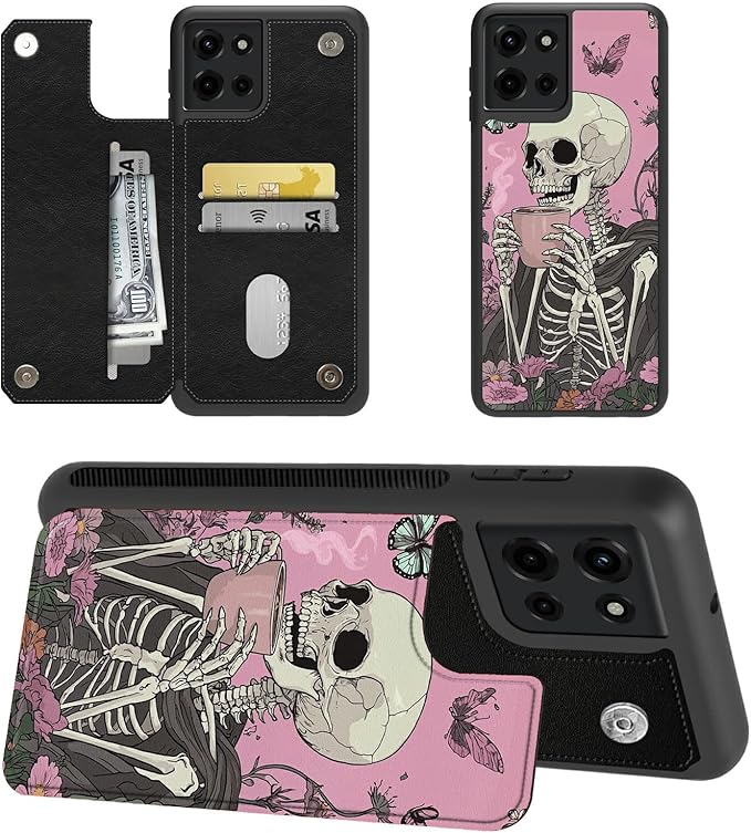 Pink Skull Coffee for Moto G Power 2025 Wallet Case with Card Holder, RFID Blocking Flip Soft PU Leather Kickstand Magnetic Closure Slim Purse Phone Case for Moto G Play 2025