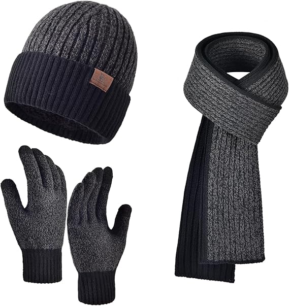 Men Women Winter Beanie Hats Scarf with Touchscreen Gloves Warm Knit Themal Gloves Long Scarf Set with Fleece Lined