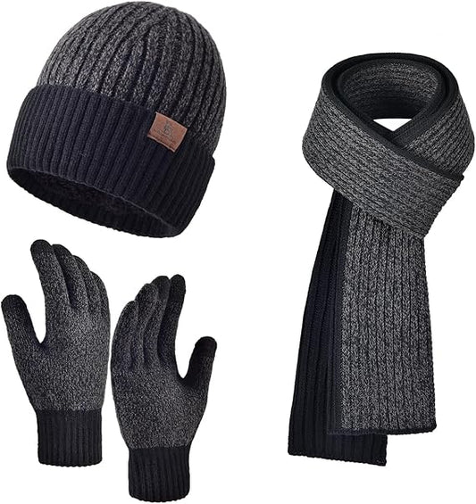 Men Women Winter Beanie Hats Scarf with Touchscreen Gloves Warm Knit Themal Gloves Long Scarf Set with Fleece Lined