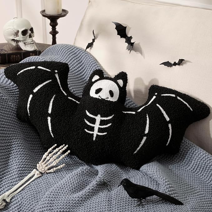 Phantoscope Happy Halloween Bat Shaped Throw Pillow, Teddy Fleece Skeleton Embroidery Decorative Halloween Throw Pillow for Sofa, Bed, Black, 23.5 x 10.5 inche