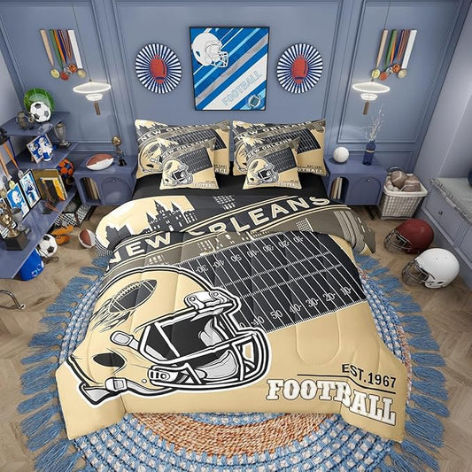 Erosebridal Football City Bed in A Bag Football Fans Queen Comforter Set with Sheets 7 Piece Gifts for Kids Boys Teen,Sports Rugby Gaming Bedding Yellow Black Bed Set (New Orleans)