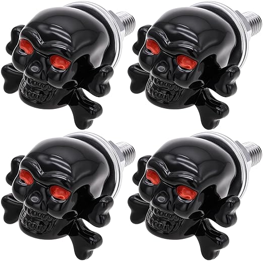 Skull License Plate Screws Kit (4 Pack) - Universal Fit for Cars, Trucks, Motorcycles - Stainless Steel Anti-Theft Bolts with Decorative Black Skull Caps