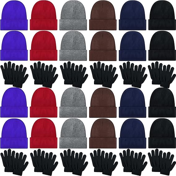 48 Pack Kids Winter Beanies Hat and Gloves Set Bulk Kids Skull Winter Caps Stretchy Knit Gloves for Boys Girls