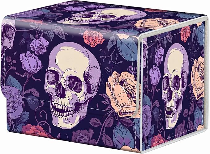 Strong Magnet Card Case Deck Box Mtg Card Box Playing Card Box Magic Deck Box Tcg Up to 200 Cards Creative Pattern Trading Card Storage Box for Collectible Card Games, Purple Skulls And Roses