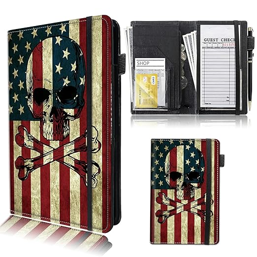 Rossy Server Books for Waitress & Waiter 9 x 5 Inch Wallet with Zipper Pocket American Flag Skull Design Booklet Cute Waitress Book Serving Book with 11 Money Pocket Fit Server Aprons