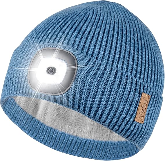 Etsfmoa Unisex Hat with Light,Fleece Lined Beanie Warm Knit Hat,Gifts for Men Women,Rechargeable LED Cap