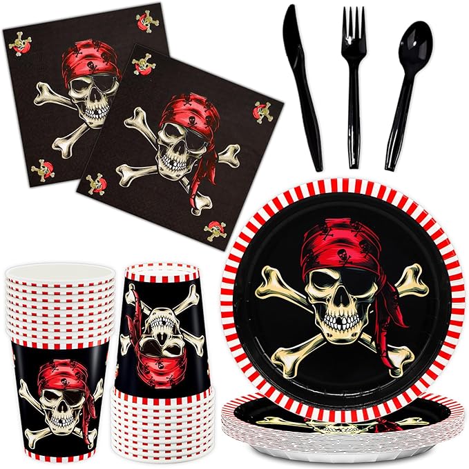 DYLIVeS Pirate Party Supplies, Red Pirate Themed Party Decorations Skull Corssbone Pirate Birthday Party Favors for Kids Boys Tableware Set, 9 inch Paper Plates Napkins Cups Cutlery, Serves 24, 144pcs