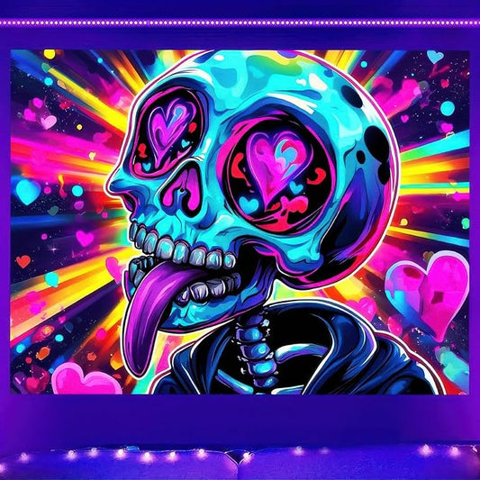 BlissYard Blacklight Skull Tapestry Glow In The Dark 78x59 Inch UV Reactive Black Light Tapestries Posters Wall Hanging for Room Decor Neon Skull Tapestry Wall Art with Hearts UV Reactive