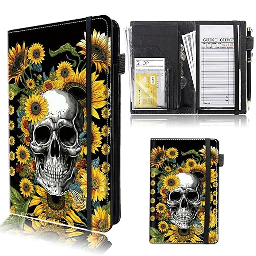 Server Book for Waitress & Waiter 9" x 5" Serving Books PU Leather Organizer with Zipper Money Pocket Restaurant Guest Check Book Pen Holder Wallet Note Pads Fit Server Aprons,Sunflower Skull