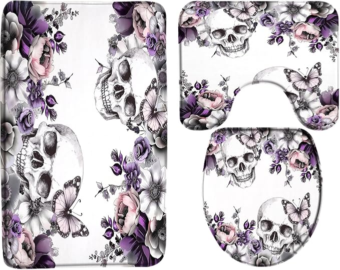 3pcs Skull Flower Gothic Bath Mat Set,Gothic Halloween Purple Floral Butterfly Sugar Skeleton Dark Spooky Scary Retro Goth Retro Memory Foam Rug,Toilet Lid Cover,U-Shaped Toilet,Bath Rug 16x24 Inch