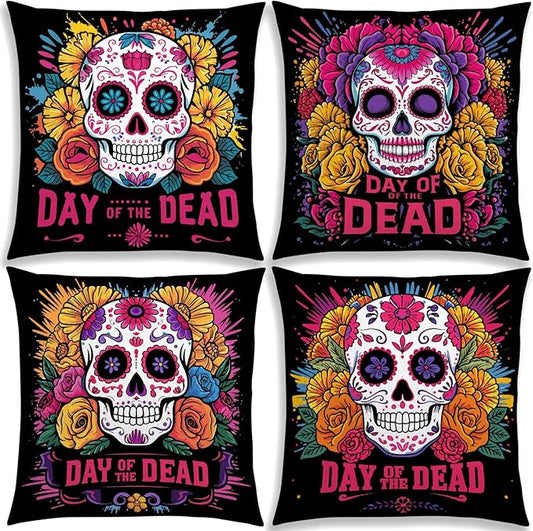 Pudodo Linen Day of The Dead Throw Pillow Covers 18x18 Set of 4 Sugar Skull Dia De Los Muertos Party Decoration for Home Bed Couch Sofa