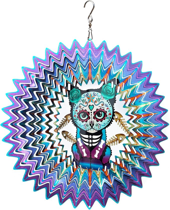 FONMY Sugar Skull Wind Spinner Cat 12inch 3D Stainless Steel Wind Sculpture Worth Gift Christmas Decor.Hanging Mandala Kitten Skull Wind Spinners Metal Yard Art Garden Decoration Indoor/Outdoor Décor