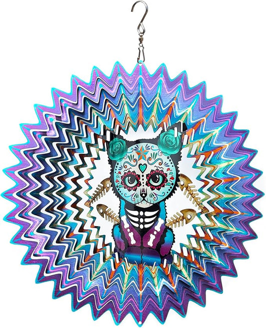FONMY Sugar Skull Wind Spinner Cat 12inch 3D Stainless Steel Wind Sculpture Worth Gift Christmas Decor.Hanging Mandala Kitten Skull Wind Spinners Metal Yard Art Garden Decoration Indoor/Outdoor Décor