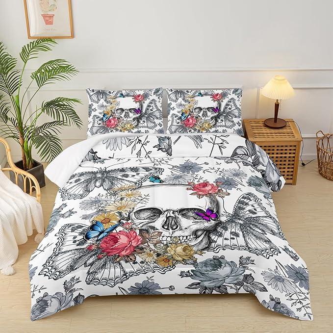 Gothic Skull Queen Comforter Set for Boys Girls,Skull Head Death Moth Print Quilt Set, Skeleton Butterfly Flower Pattern Black White Bedding Set,Halloween Comforter Set