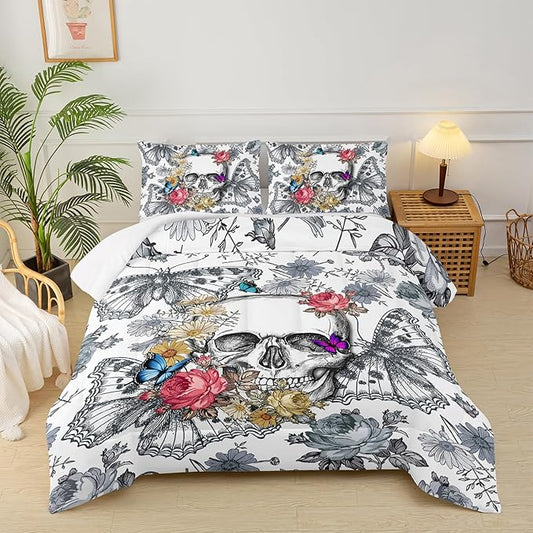 Gothic Skull Queen Comforter Set for Boys Girls,Skull Head Death Moth Print Quilt Set, Skeleton Butterfly Flower Pattern Black White Bedding Set,Halloween Comforter Set