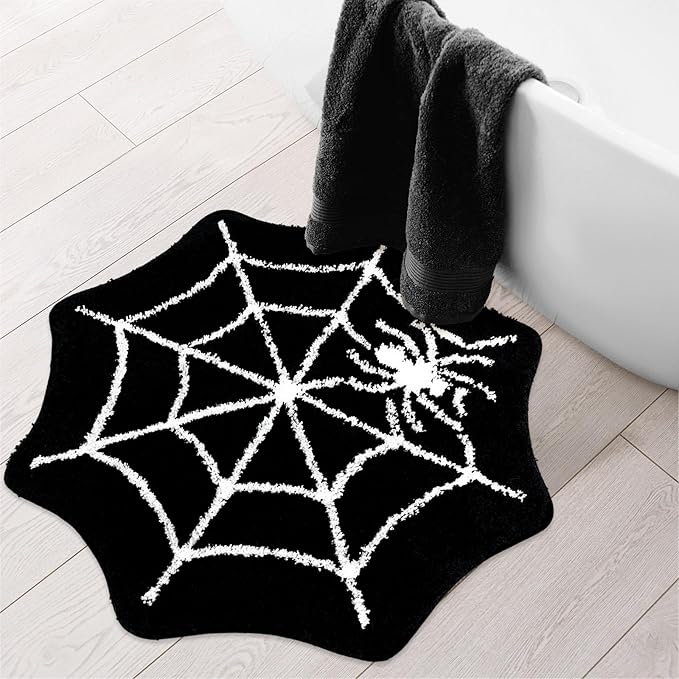 Halloween Bathroom Rug Absorbent Black White Spider Web Bath Mat Washable Non Slip Gothic Shower Rug Front Door Mat Carpet for Home Room Entrance Floor Decor, 25.6