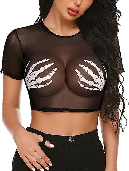 Mesh Crop Top for Women Short Sleeve Bodycon Tees Y2k See Through Blouse O Neck Clubwear