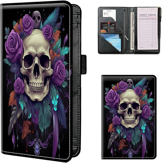 Server Books for Waitress, Server Book,Waiter Server Book with Zipper Pocket,Organizer Waitress Book for Guest Check Book Restaurant Fit Server Apron-Purple Roses and Skulls