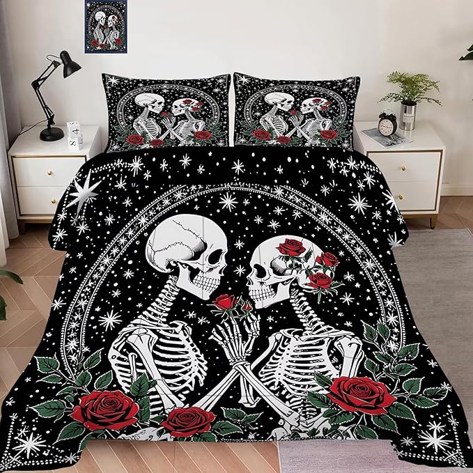 Rose Skull Bedding Set Full Size, Halloween Gothic Comforter Set for Girls Adults Women, Roses Skeleton Black Quilt Holiday Decoration 1 Comforter 2 Pillowcases