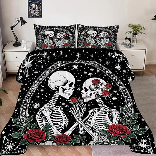 Rose Skull Bedding Set Full Size, Halloween Gothic Comforter Set for Girls Adults Women, Roses Skeleton Black Quilt Holiday Decoration 1 Comforter 2 Pillowcases