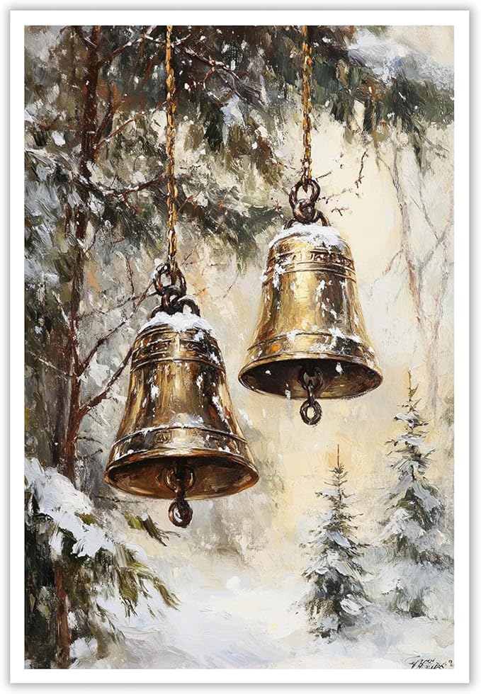 ZETCGSH Vintage Christmas Jingle Bells Christmas Winter Canvas Wall Art Print Poster Christmas Brass Bells Christmas Printable Holiday Home Room Decor Aesthetics 12X16 in Unframed