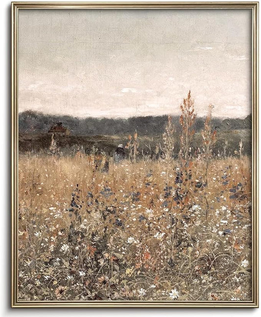 Wildflower Field Landscape Vintage Canvas Wall Art, Vertical Country Landscape Print for Home Decor, Farmhouse Muted Paintings Art Picture Aesthetic for Bedroom Bathroom Living Room Office Decor (8" x 10"-UNFRAMED)