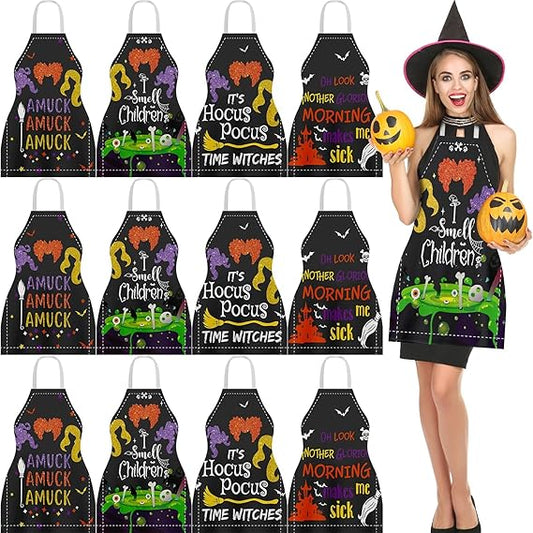 YLOLUL 12 Pcs Halloween Apron for Witch Cooking, Party, Baking, and Grilling - Happy Halloween Decor