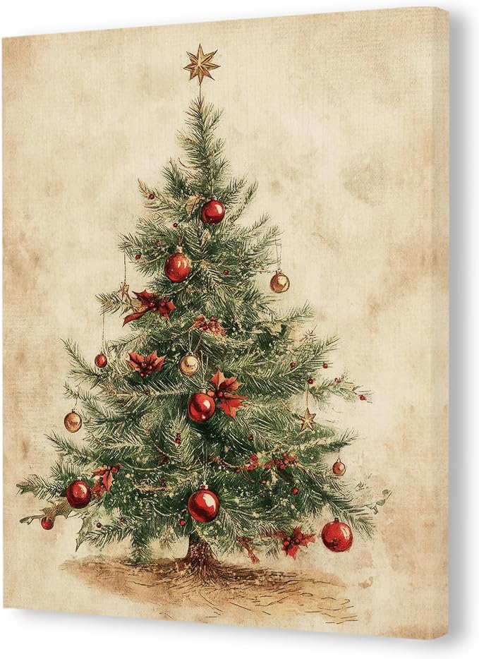 Pugwak Vintage Christmas Tree Wall Art Canvas Prints - Retro Merry Christmas Wall Decor Framed Canvas Neutral Rustic Winter Wall Art Painting Artwork for Home Bedroom Living Room Decor 11×14 Inch