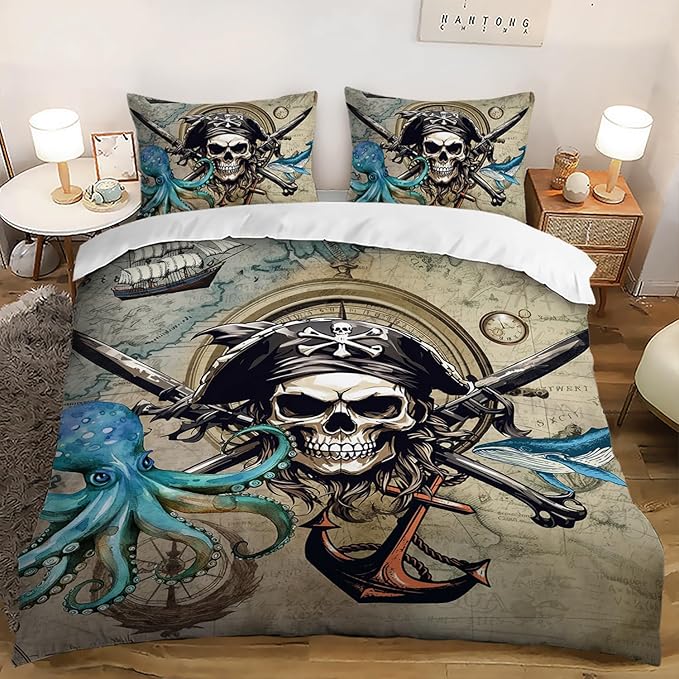 AILONEN 3D Pirate Captain Skull Duver Cover Set Twin Size, Octopus Dolphin Bedding Set for Kids Boys Girls,Nautical Theme Comforter Cover,1 Quilt Cover and 2 Pillowcases,3PCS