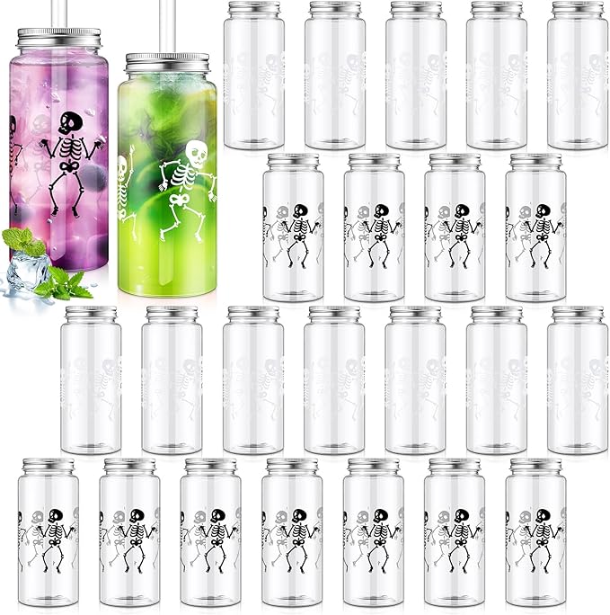 Vesici 24 Pack Halloween Party Plastic Cups with Lid and Straw 13.5 oz Clear Reusable Plastic Tumblers Bulk Skeleton Printed Design Cold Drink for Horror Party Birthday Supplies
