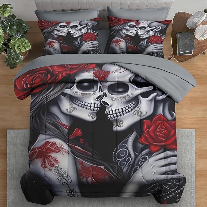 Comforter Set King Size, Love 7 Pcs Bedding for Adults, Vintage Flower Rose Bed Sheet Sets with Fitted Sheet 2 Pillowcases & 2 Shams for Bedroom Bed Decor