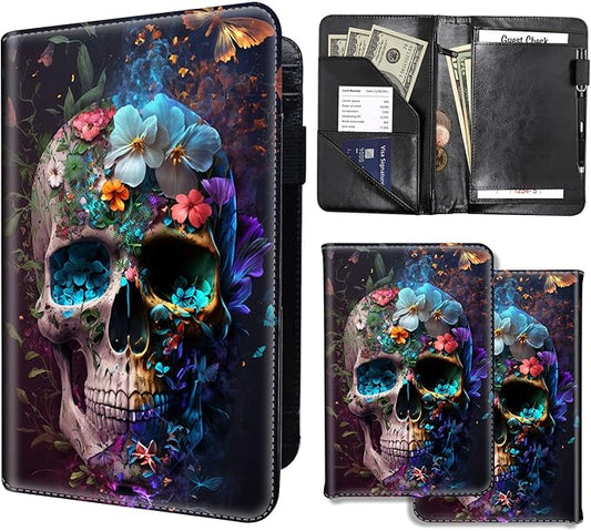 Server Books for Waitress,PU Leather Waiter Book Server Wallet with Zipper Pocket,Cute Waitress Book&Waitstaff Organizer with Money Pocket Fit Server Apron,Flower Butterfly Skull