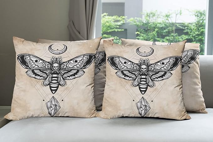Ambesonne Fantasy Throw Pillow Cushion Case Pack of 4, Dead Head Hawk Moth Luna and Stone Magic Skull Illustration, Modern Accent Double-Sided Digital Printing, 24", Black Beige