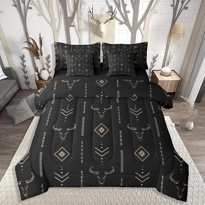 Erosebridal 7 Pieces Hobo Aztec Comforter Set Queen,Black Brown Western Bedding Sets for Women Kids Rustic Bohemian Tribal Ethnic Horns Bed in A Bag Southwest Cow Bull Skull Sheet Set with Comforter