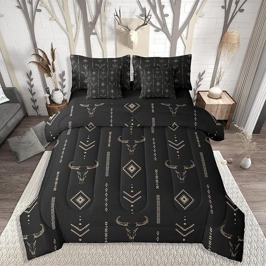 Erosebridal 7 Pieces Hobo Aztec Comforter Set Queen,Black Brown Western Bedding Sets for Women Kids Rustic Bohemian Tribal Ethnic Horns Bed in A Bag Southwest Cow Bull Skull Sheet Set with Comforter