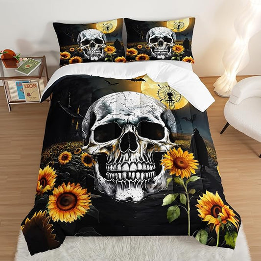 Skull Comforter Set for Gothic Decor Bedroom,Sunflower Floral Bat Print Bedding Queen Size Comforter Set for Kids Boys Girls,Dark Night Halloween Horror Bedding Set with 2 Pillowcases.