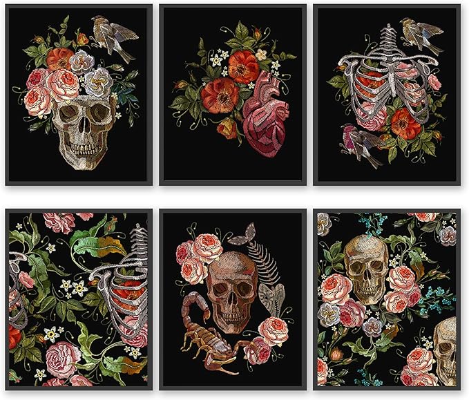 HoozGee Embroidery Skull and Roses Wall Art Prints, Gothic Romantic Art, Human Heart Art Poster, Gothic Embroidery Skeleton Ribs Birds and Flowers Poster Wall Decor (11"x14" UNFRAMED)