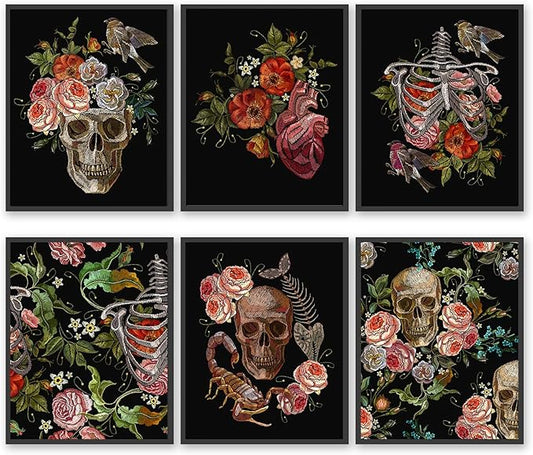 HoozGee Embroidery Skull and Roses Wall Art Prints, Gothic Romantic Art, Human Heart Art Poster, Gothic Embroidery Skeleton Ribs Birds and Flowers Poster Wall Decor (11"x14" UNFRAMED)