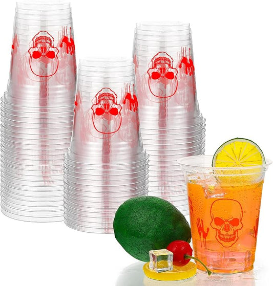 CHENGU 100 Pack 12 Oz Halloween Plastic Cups Happy Halloween Party Cups Skinny Skull Bloody Hand Print Disposable Cup Clear Plastic Supplies for Smoothies Juices Soda Drinks