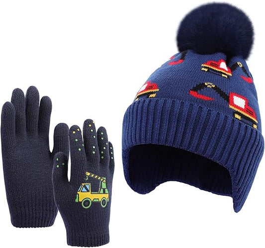 Excavator Toddler Earflap Beanie and Gloves Set Outdoor Winter Skull Cuffed Skiing Hats for Boys Age 3-8