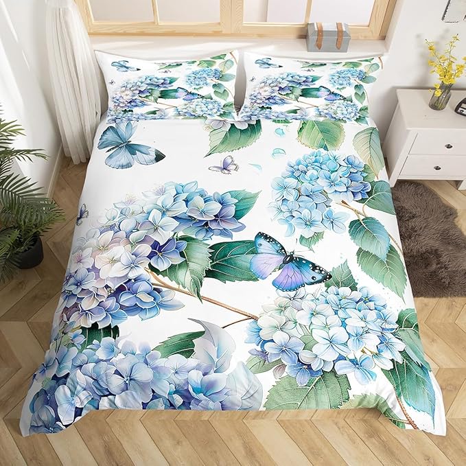 Erosebridal Girls Hydrangea Floral Bed Set Blue Purple Butterfly Bedding Sets King,Vintage Flower Quilt Cover Cute Animal Bedspread Cover Spring Botanical Bedroom Decorration,Microfiber 3pcs