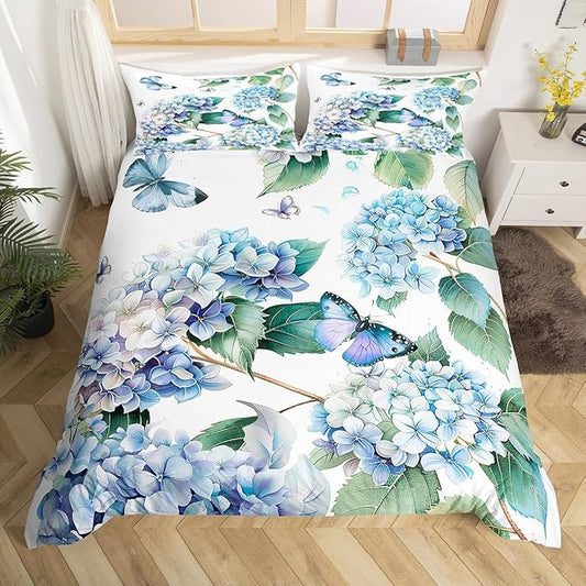 Erosebridal Girls Hydrangea Floral Bed Set Blue Purple Butterfly Bedding Sets King,Vintage Flower Quilt Cover Cute Animal Bedspread Cover Spring Botanical Bedroom Decorration,Microfiber 3pcs