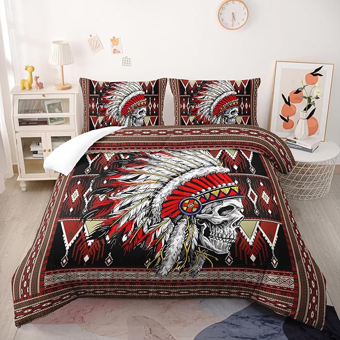 3D Indian Skull Comforter Set Twin Size 3Pcs,3D Bohemia Bedding Soft Warm Comforter for All Season Indian Skull Room Decor with 1 Comforter and 2 Pillow Case
